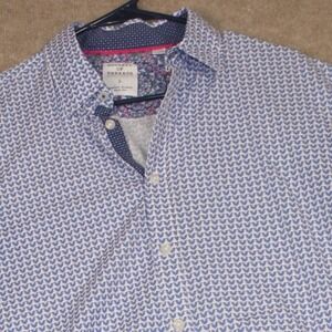 Society of Threads Mens Large Slim Fit Rooster Print Short Sleeve Button Down